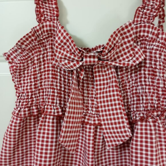Y2K Coquette Top Gingham Ruffle Bow Smocked Womens With Straps Red White Size L - Picture 2 of 6